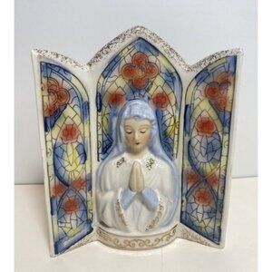 Vintage Shafford Mother Mary Stained Glass Window Wall Pocket Vase Planter Japan